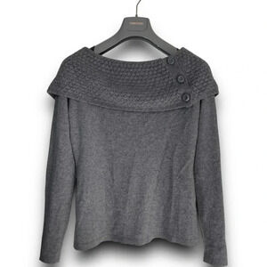 Ann Taylor Gray Off the Shoulder Cashmere Sweater S Fold over Waffle Knit Collar